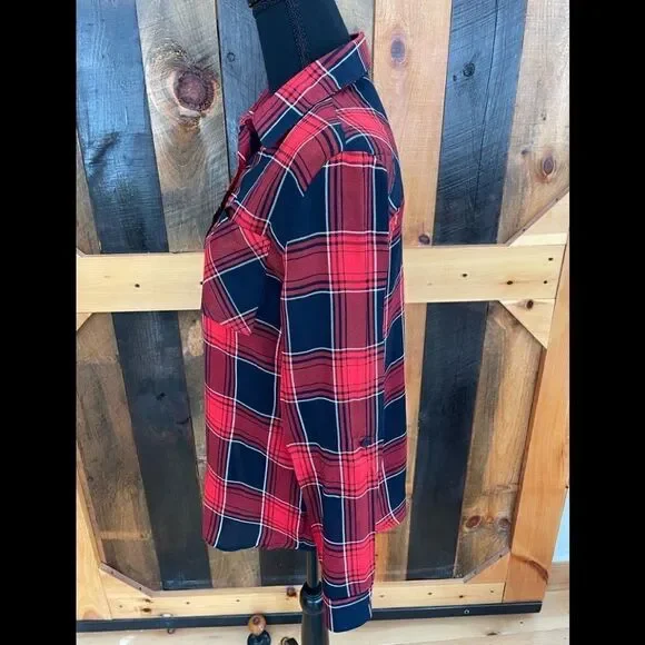 Love Notes red, white and blue plaid shirt with tab sleeves, size S - Picture 3 of 6